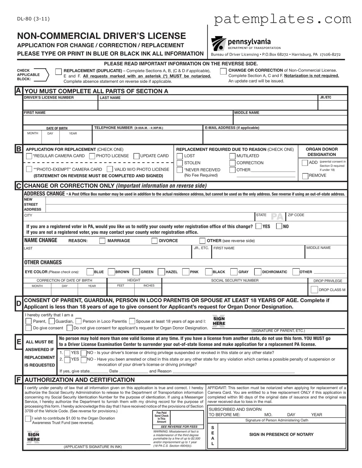 Fill in Your Dl 80 Pennsylvania Form