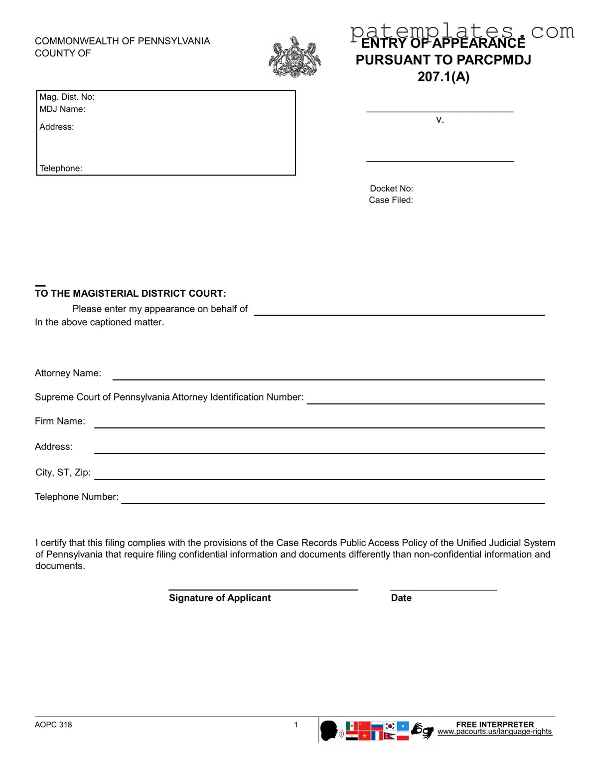 Fill in Your Magisterial Appearance Pennsylvania Form