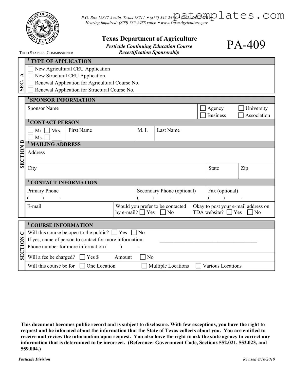 Fill in Your Pa 409 Form