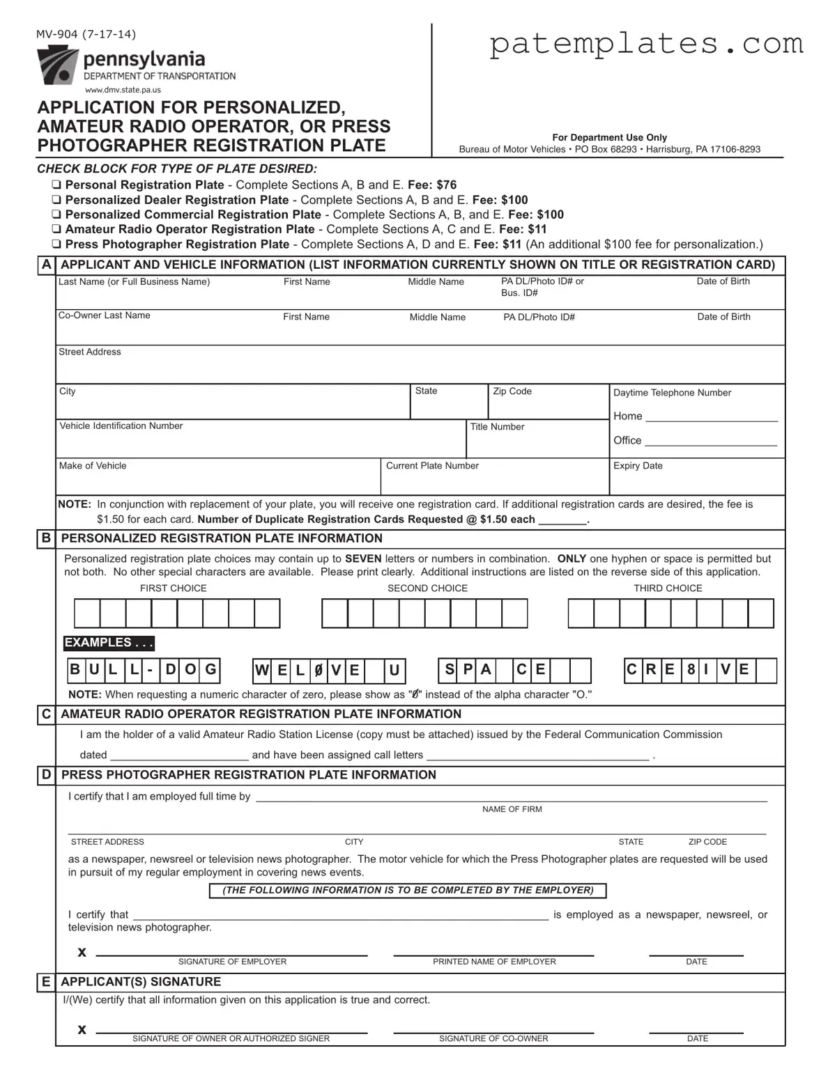 Fill in Your Pa Application Plate Form