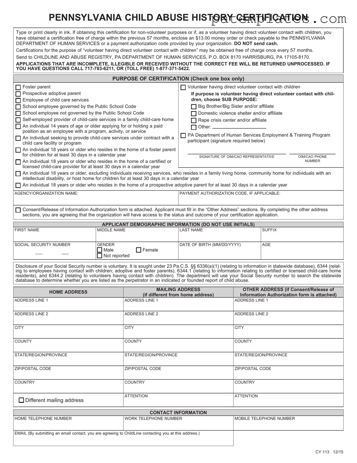Fill in Your Pa Child Abuse History Clearance Form