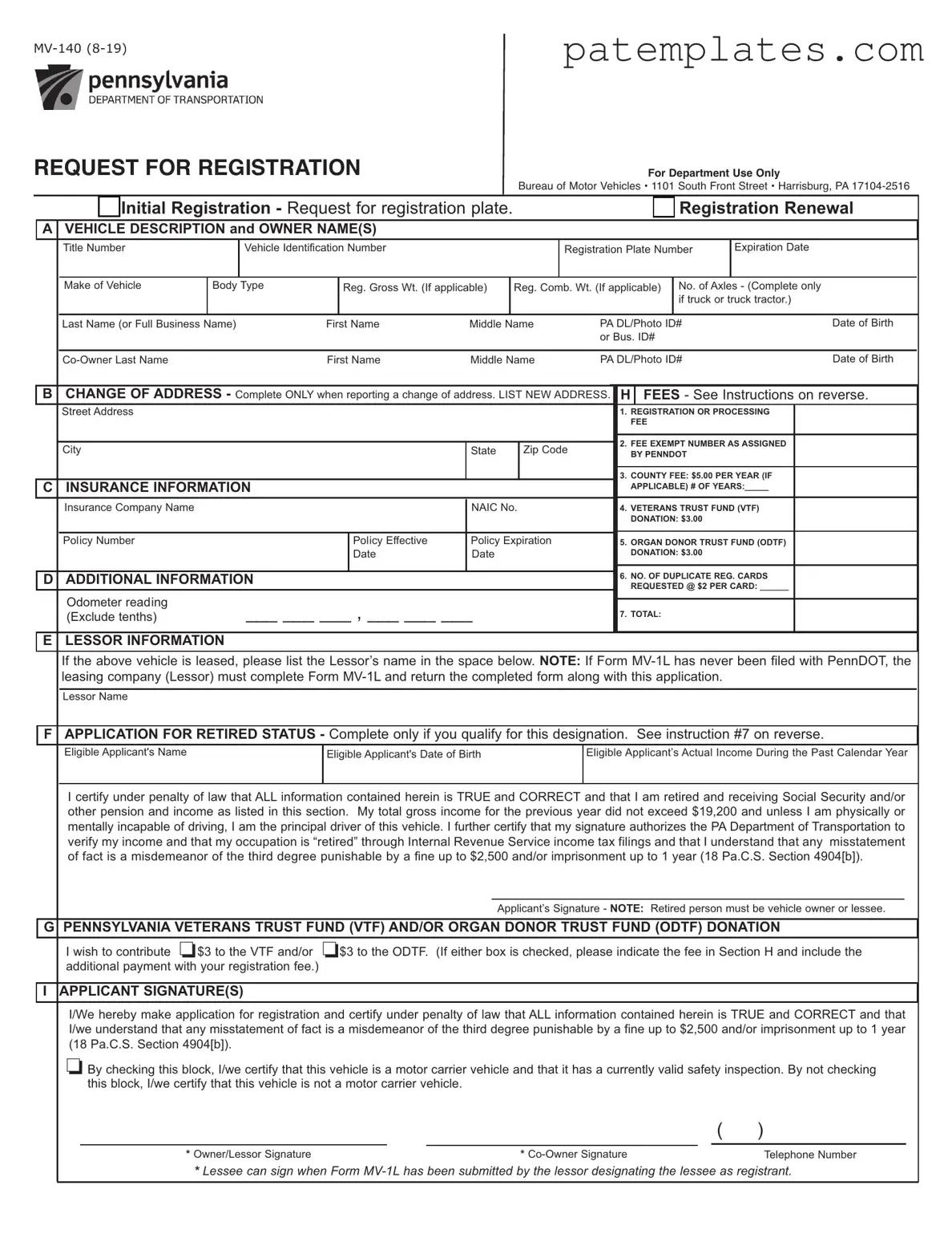 Fill in Your Pa Mv 140 Form