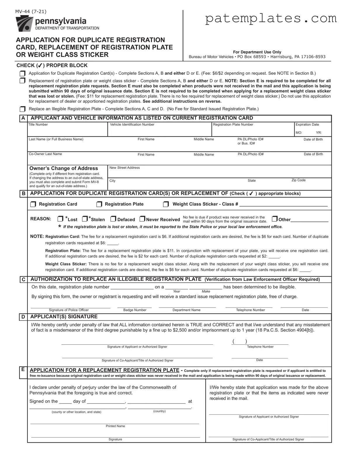 Fill in Your Pa Mv 44 Form