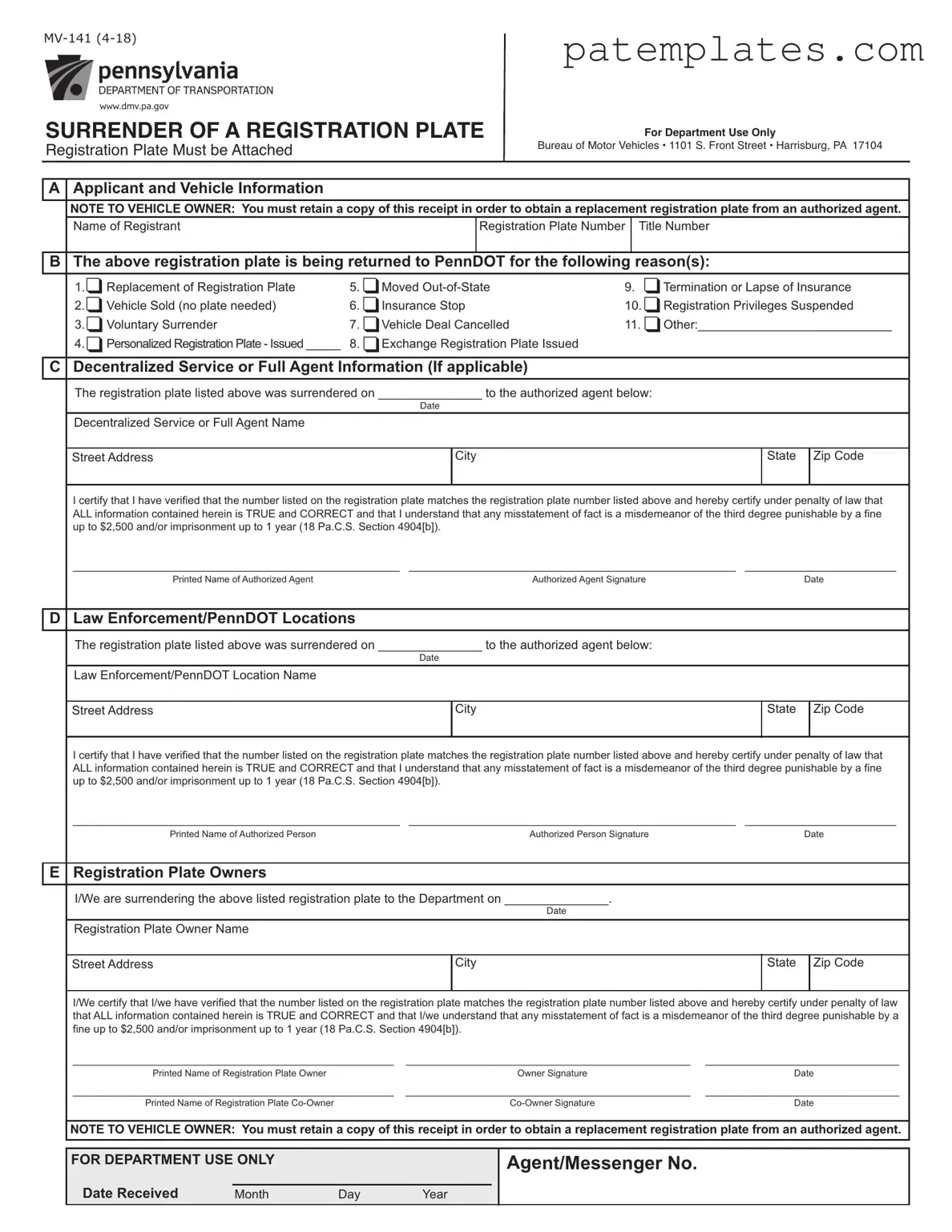 Fill in Your Pa Mv141 Form