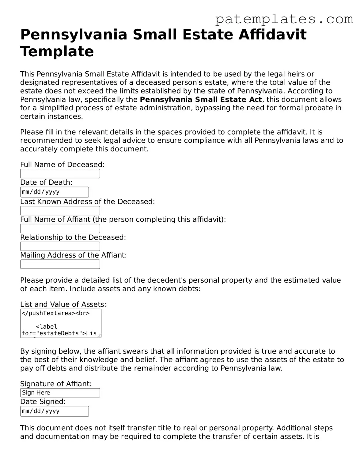 Attorney-Verified  Small Estate Affidavit Template for Pennsylvania