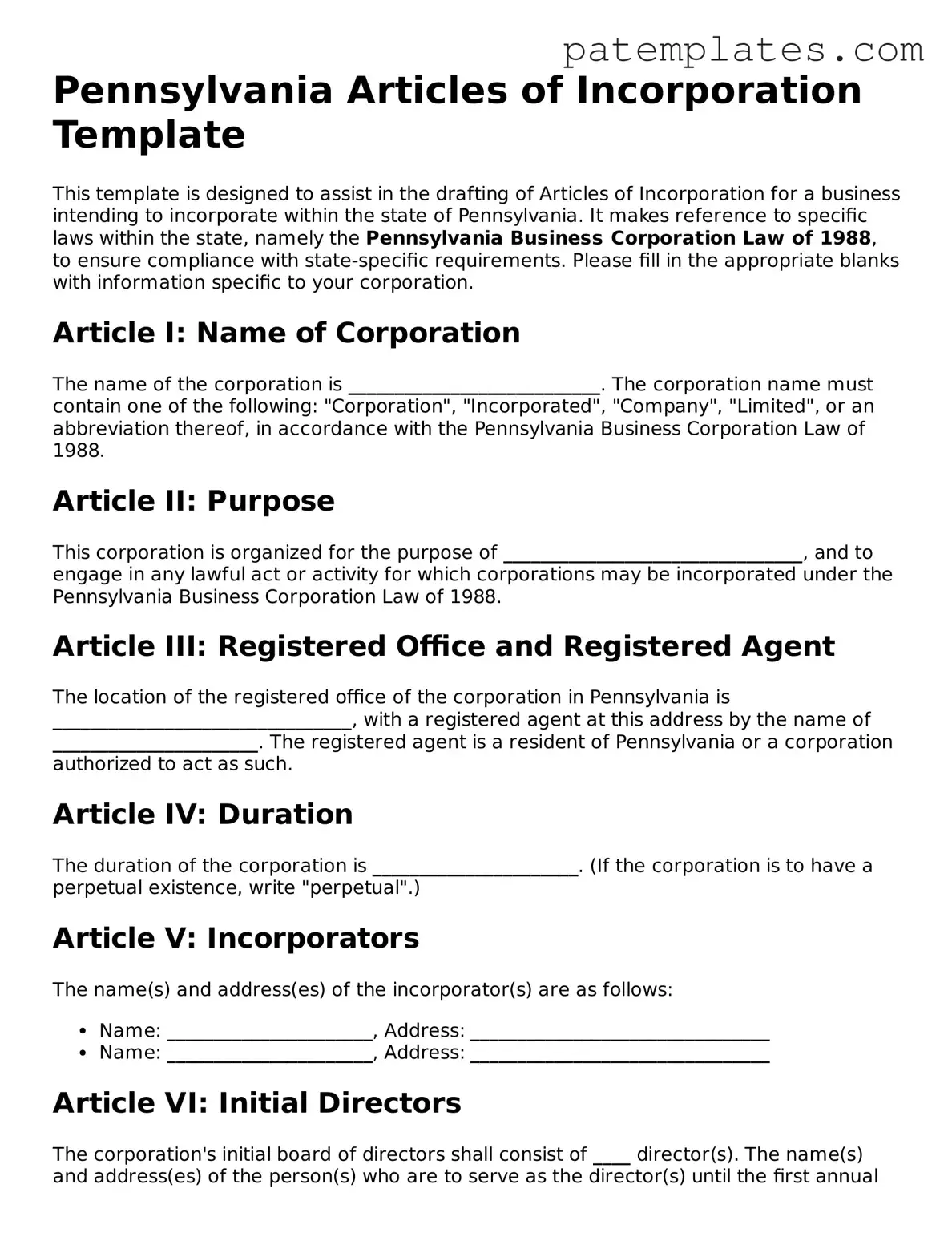 Attorney-Verified  Articles of Incorporation Template for Pennsylvania