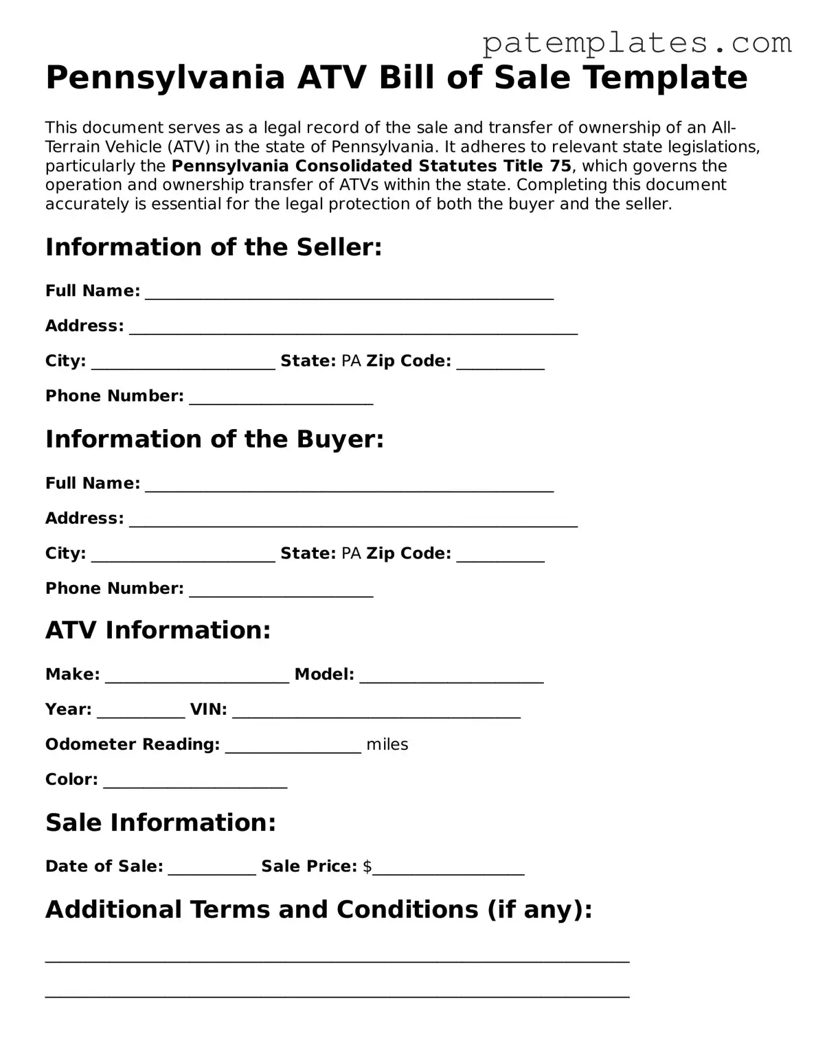 Attorney-Verified  ATV Bill of Sale Template for Pennsylvania