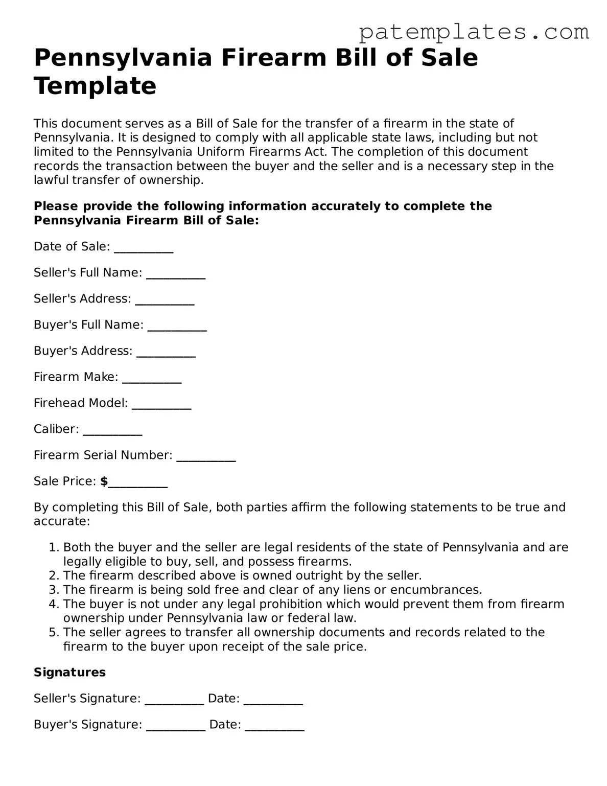 Attorney-Verified  Firearm Bill of Sale Template for Pennsylvania