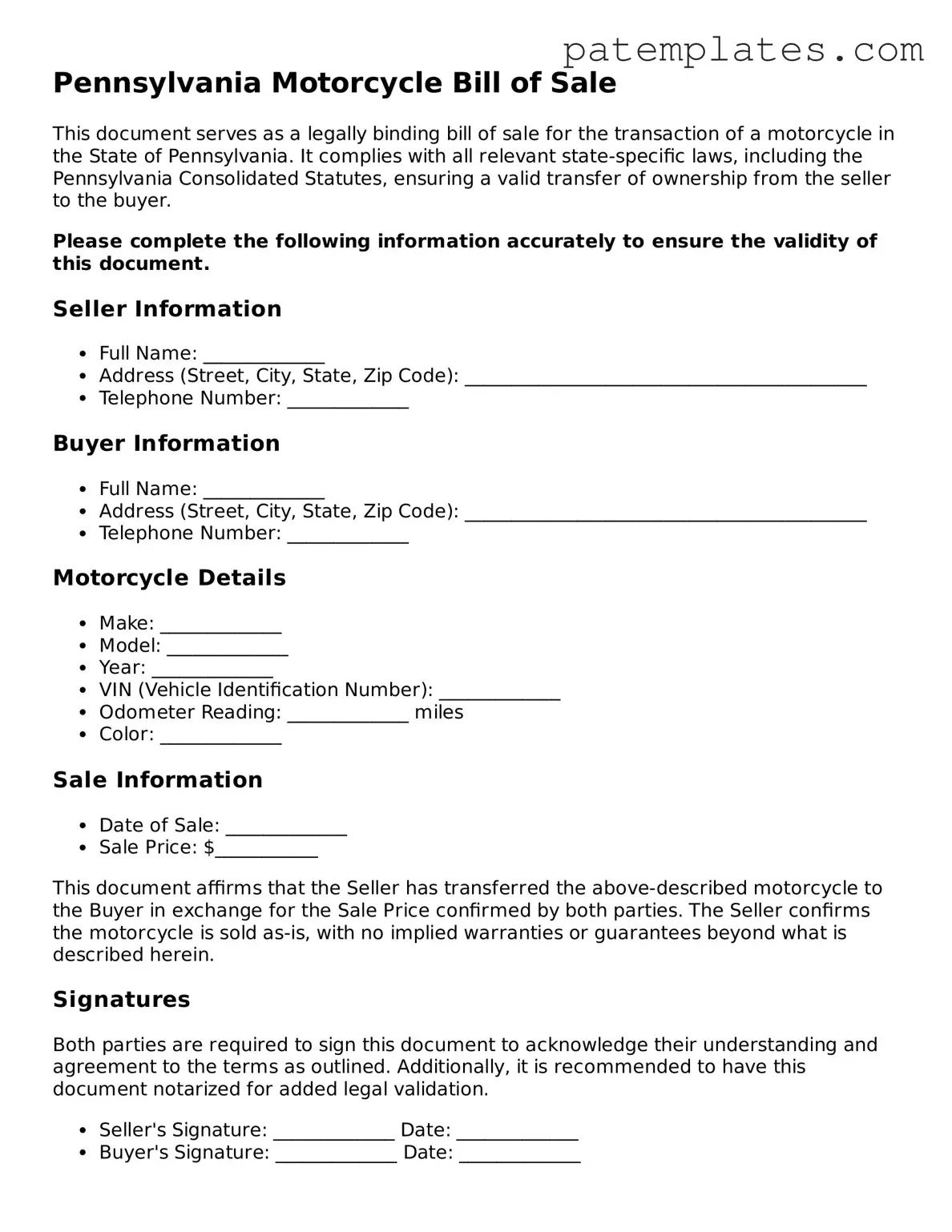 Attorney-Verified  Motorcycle Bill of Sale Template for Pennsylvania