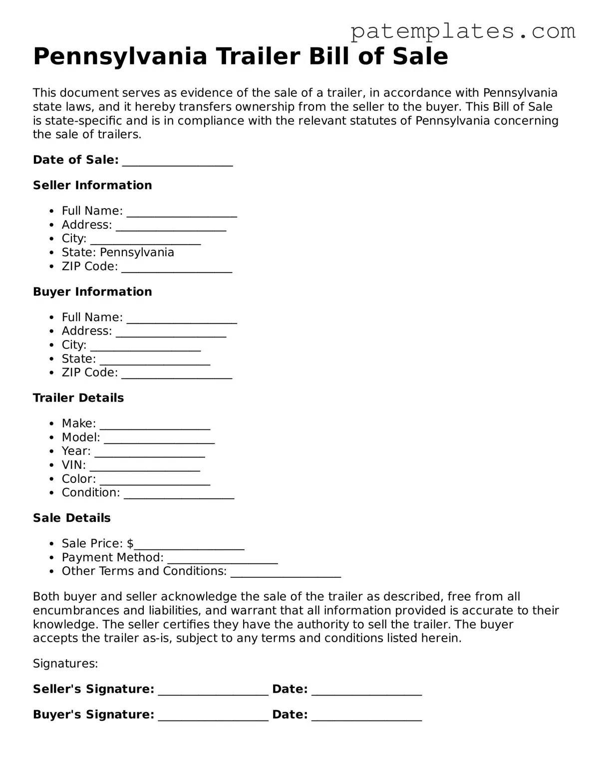 Attorney-Verified  Trailer Bill of Sale Template for Pennsylvania