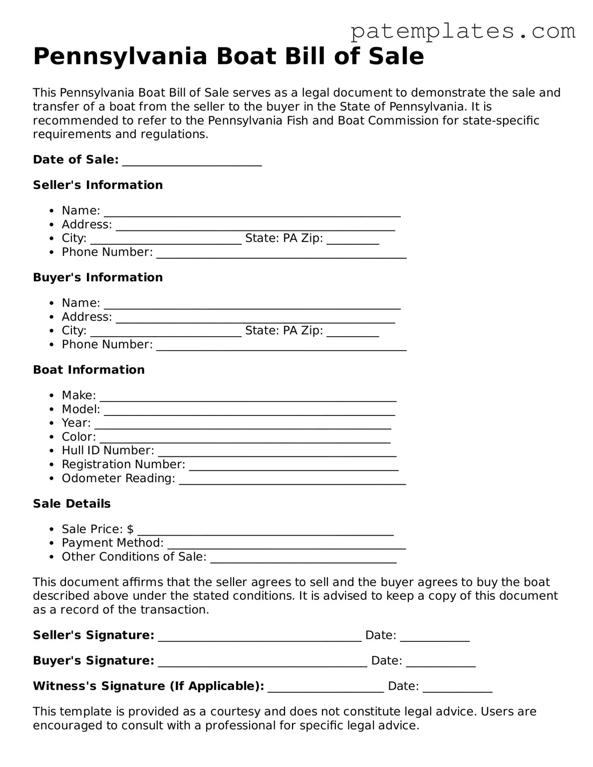 Attorney-Verified  Boat Bill of Sale Template for Pennsylvania