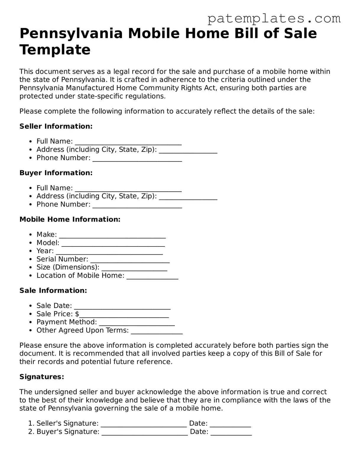 Attorney-Verified  Mobile Home Bill of Sale Template for Pennsylvania
