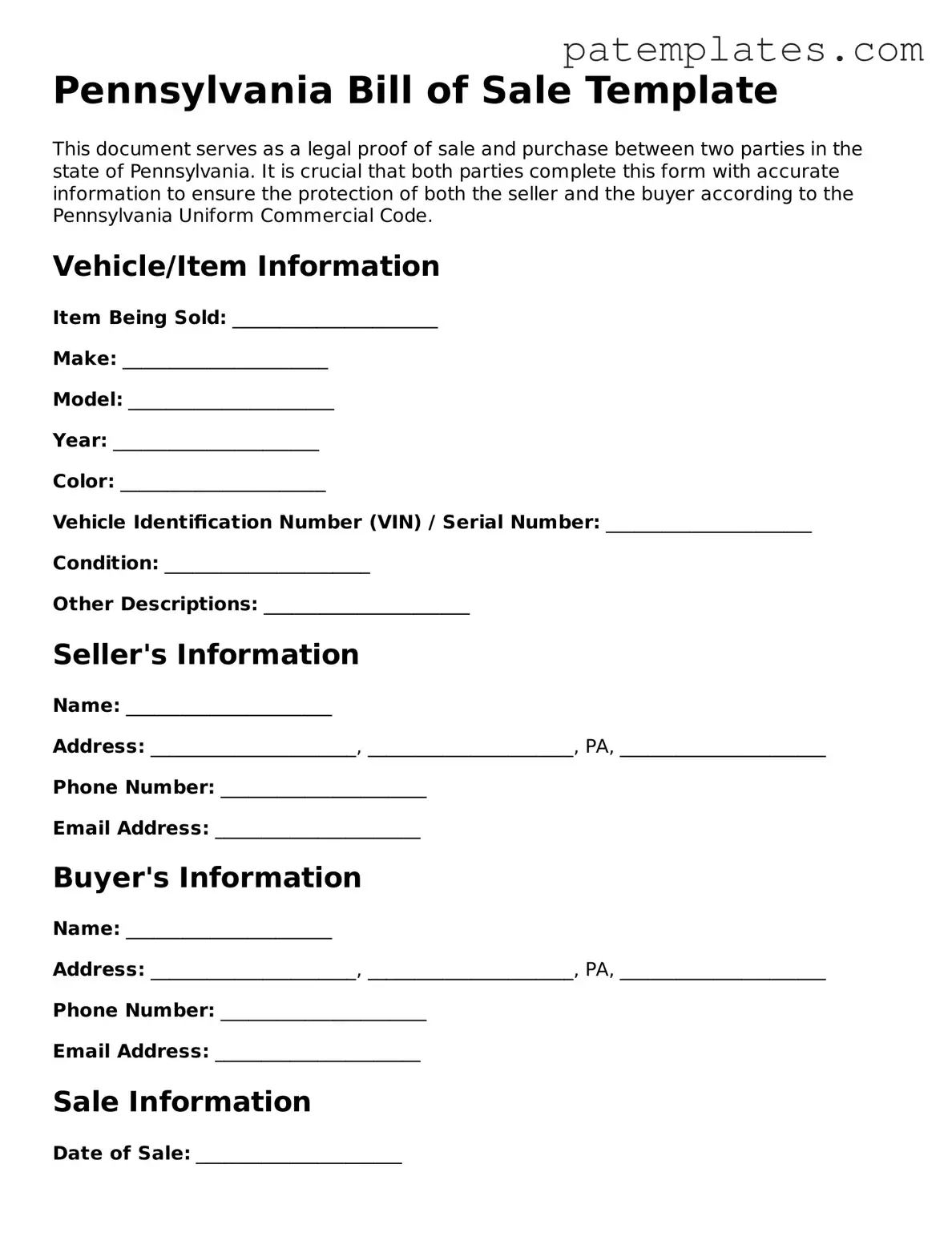 Attorney-Verified  Bill of Sale Template for Pennsylvania