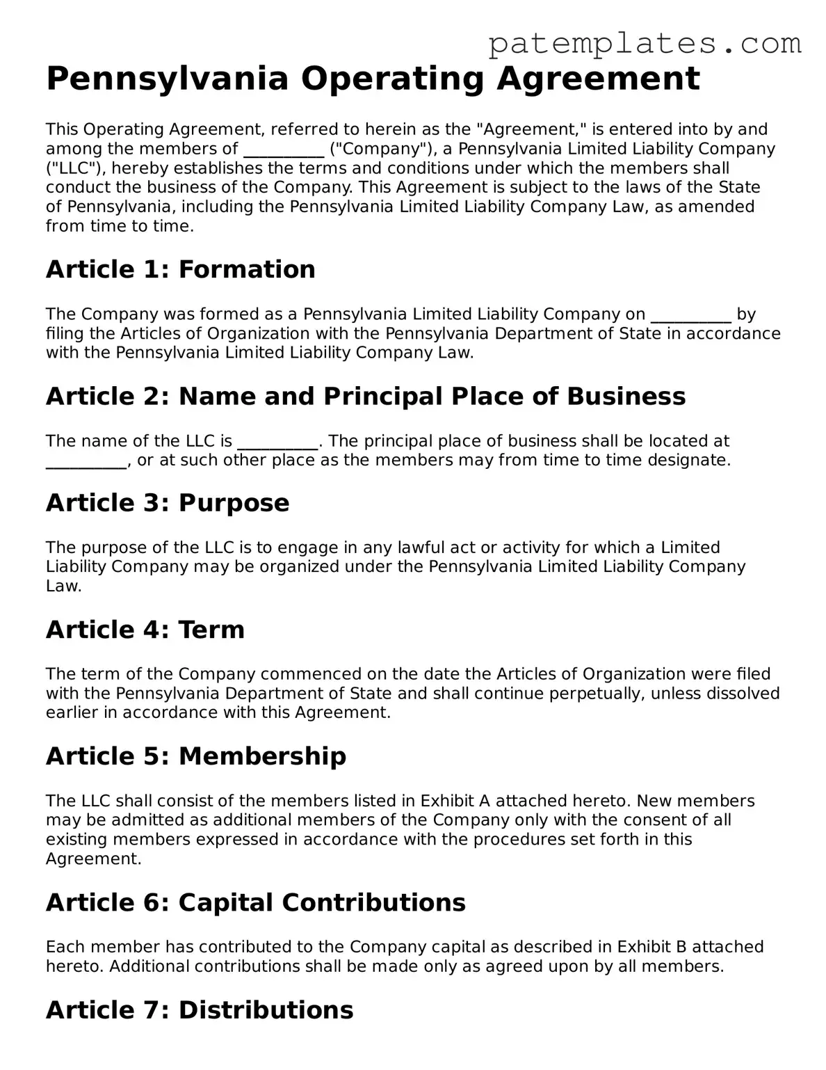 Attorney-Verified  Operating Agreement Template for Pennsylvania