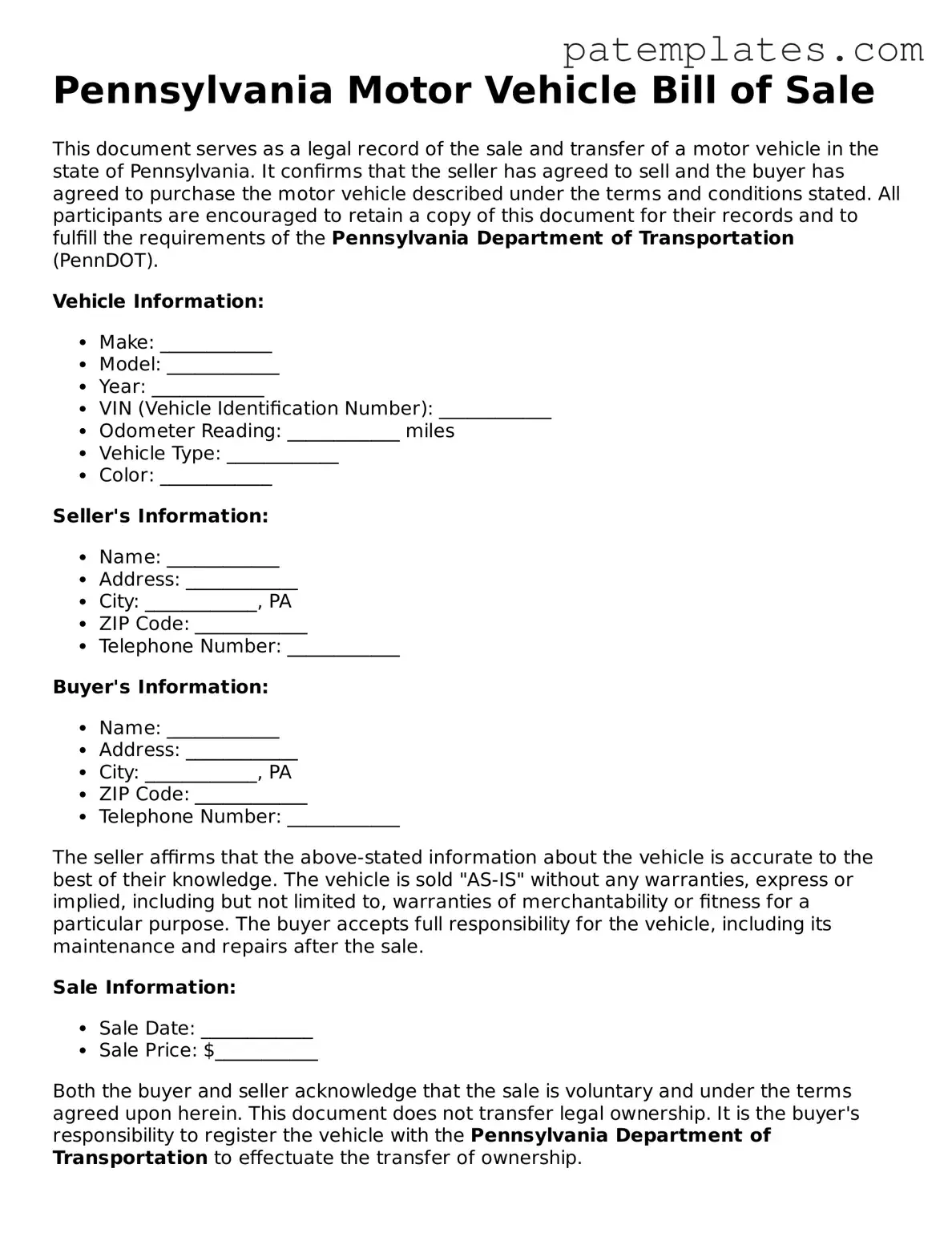 Attorney-Verified  Motor Vehicle Bill of Sale Template for Pennsylvania