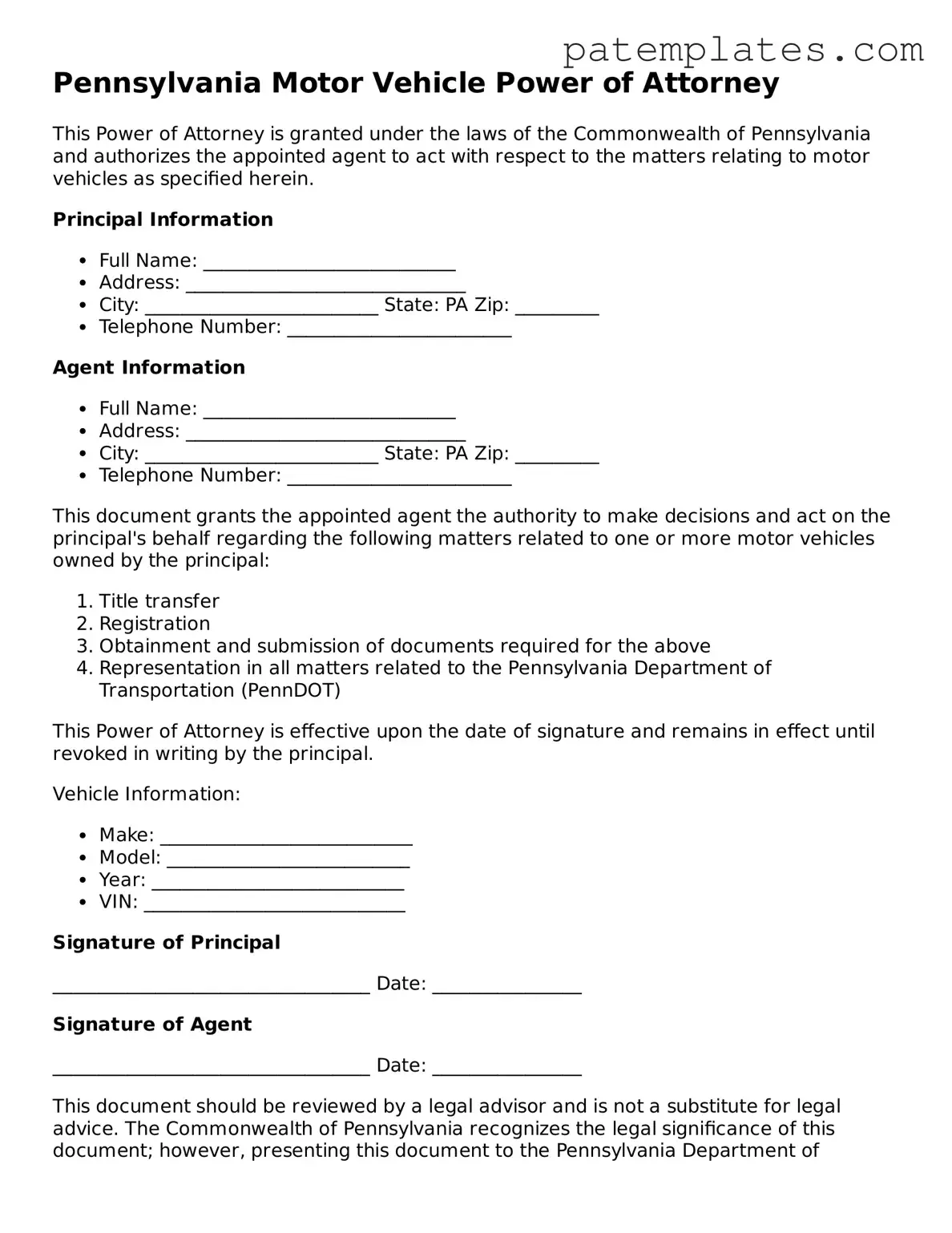 Attorney-Verified  Motor Vehicle Power of Attorney Template for Pennsylvania