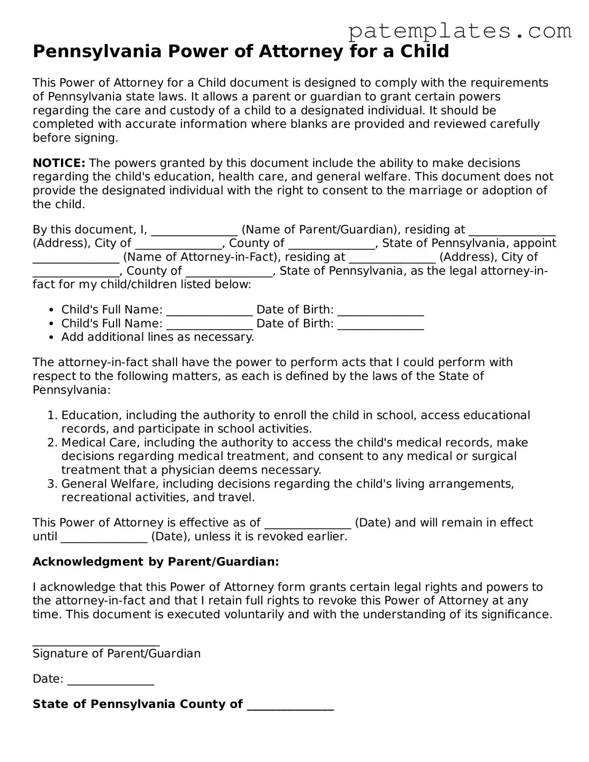 Attorney-Verified  Power of Attorney for a Child Template for Pennsylvania