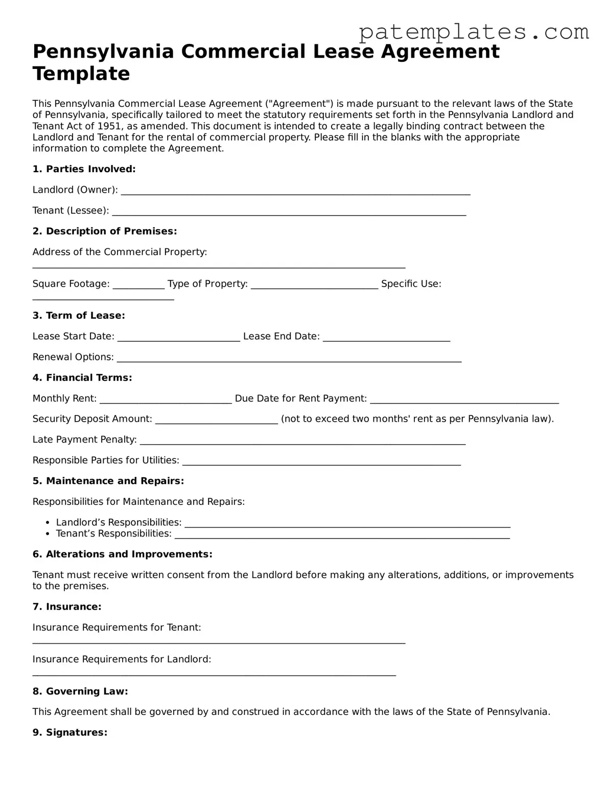 Attorney-Verified  Commercial Lease Agreement Template for Pennsylvania