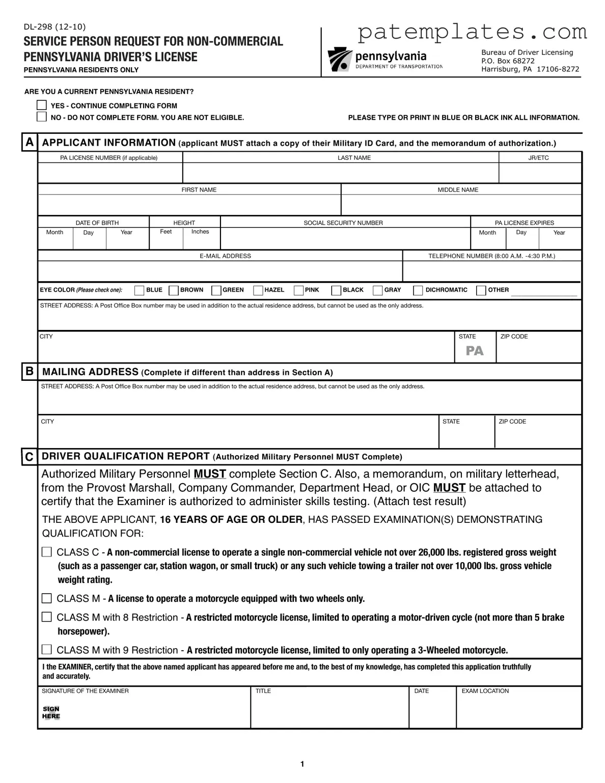 Fill in Your Pennsylvania Dl 298 Form
