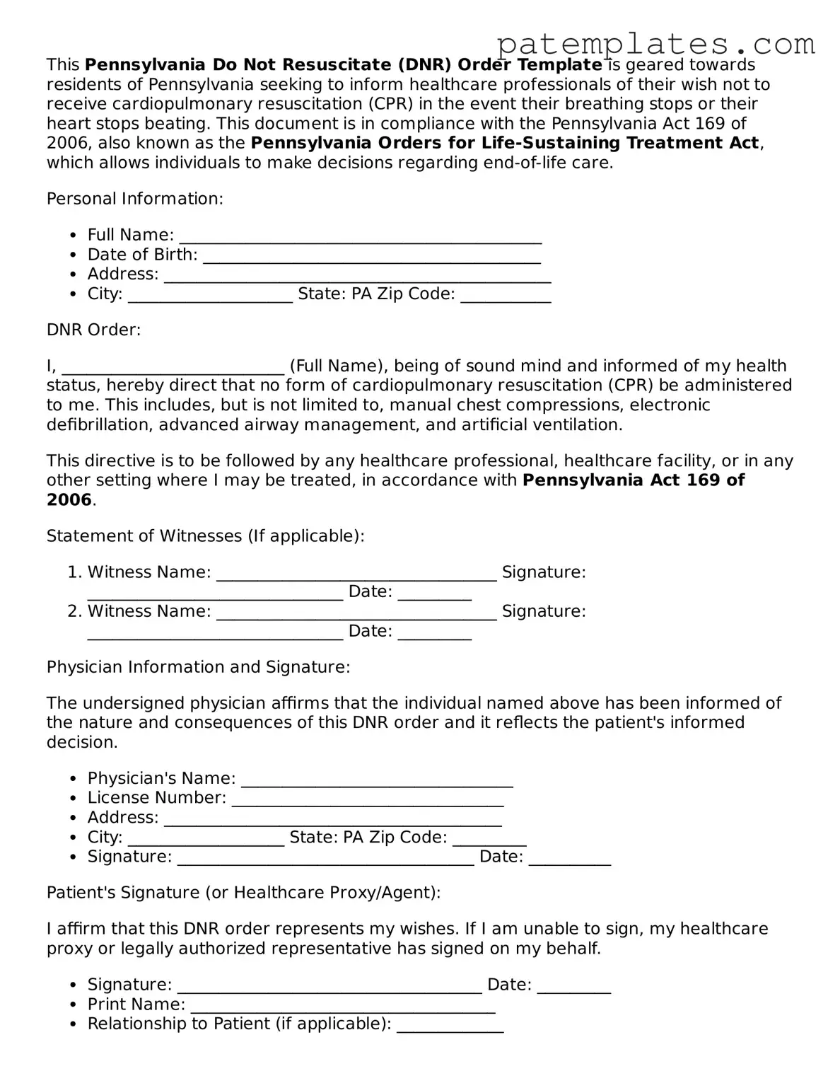 Attorney-Verified  Do Not Resuscitate Order Template for Pennsylvania