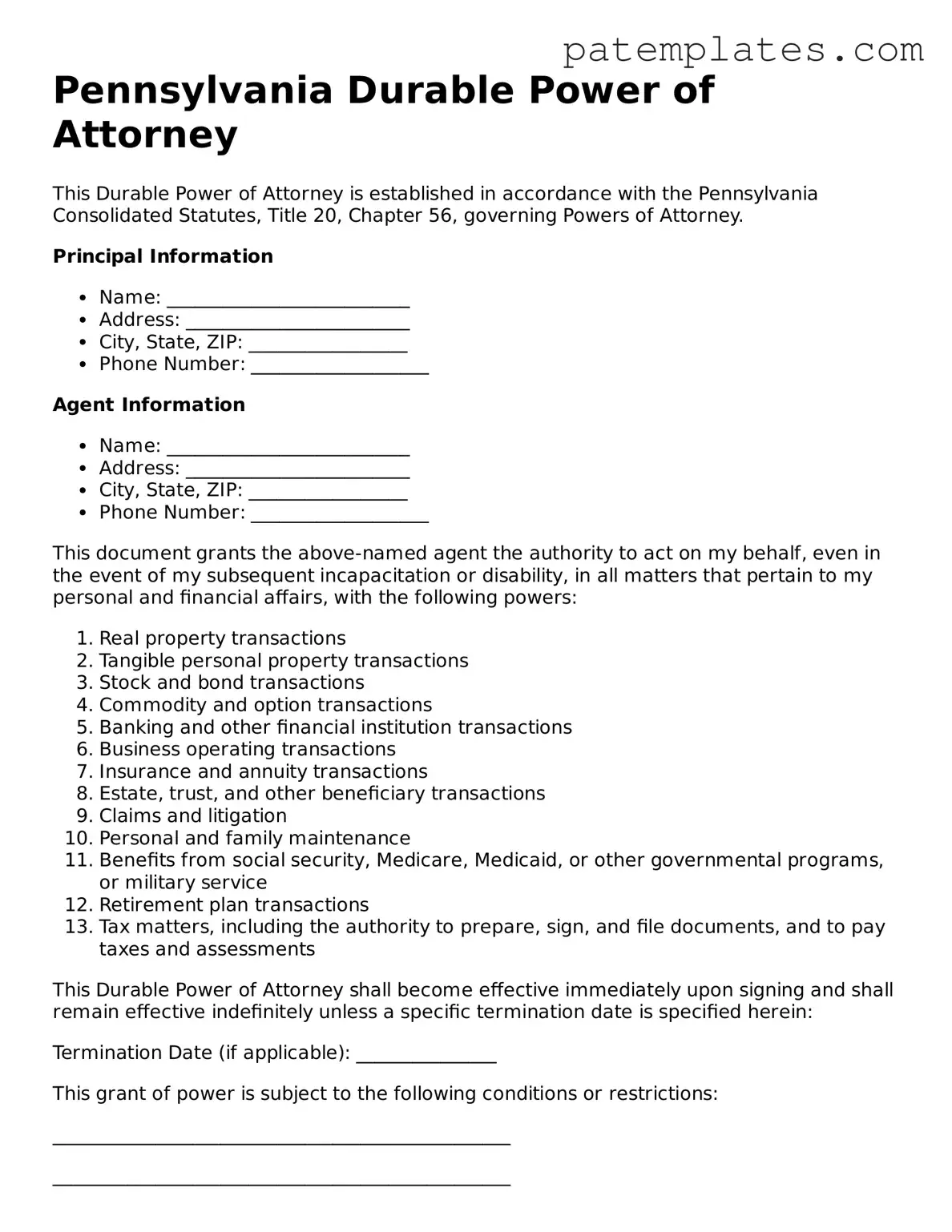 Attorney-Verified  Durable Power of Attorney Template for Pennsylvania