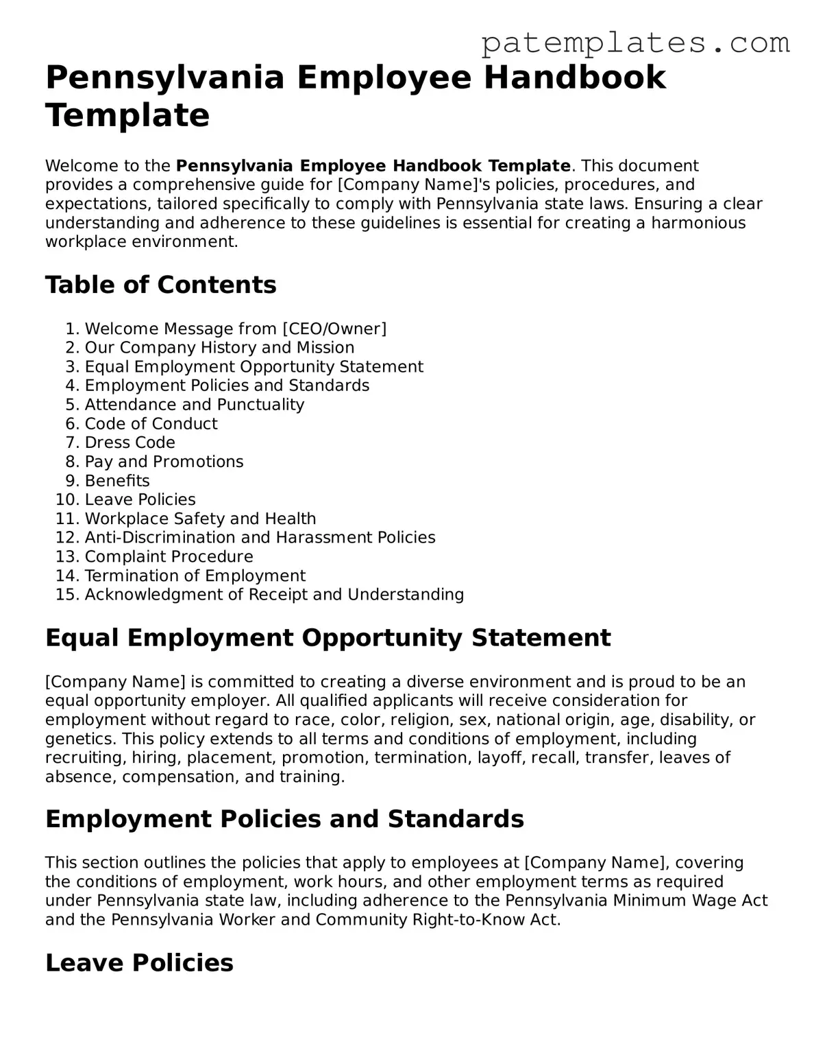 Attorney-Verified  Employee Handbook Template for Pennsylvania