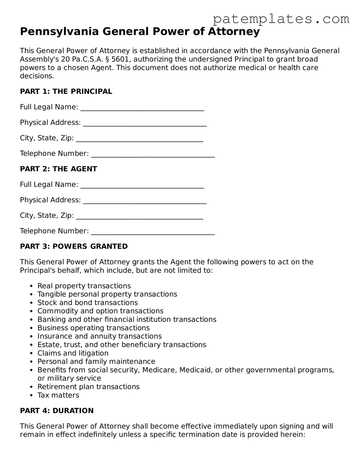 Attorney-Verified  General Power of Attorney Template for Pennsylvania