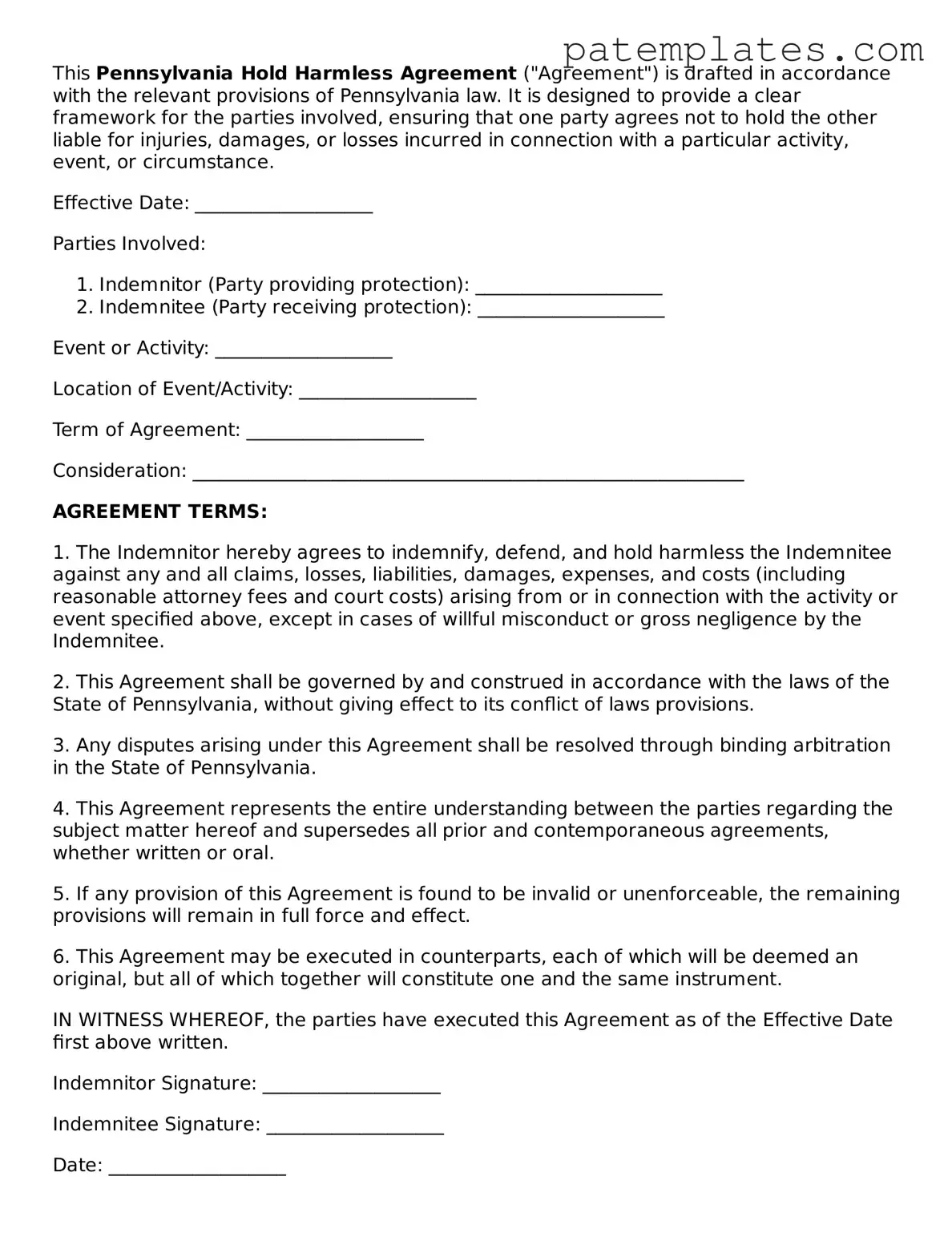 Attorney-Verified  Hold Harmless Agreement Template for Pennsylvania