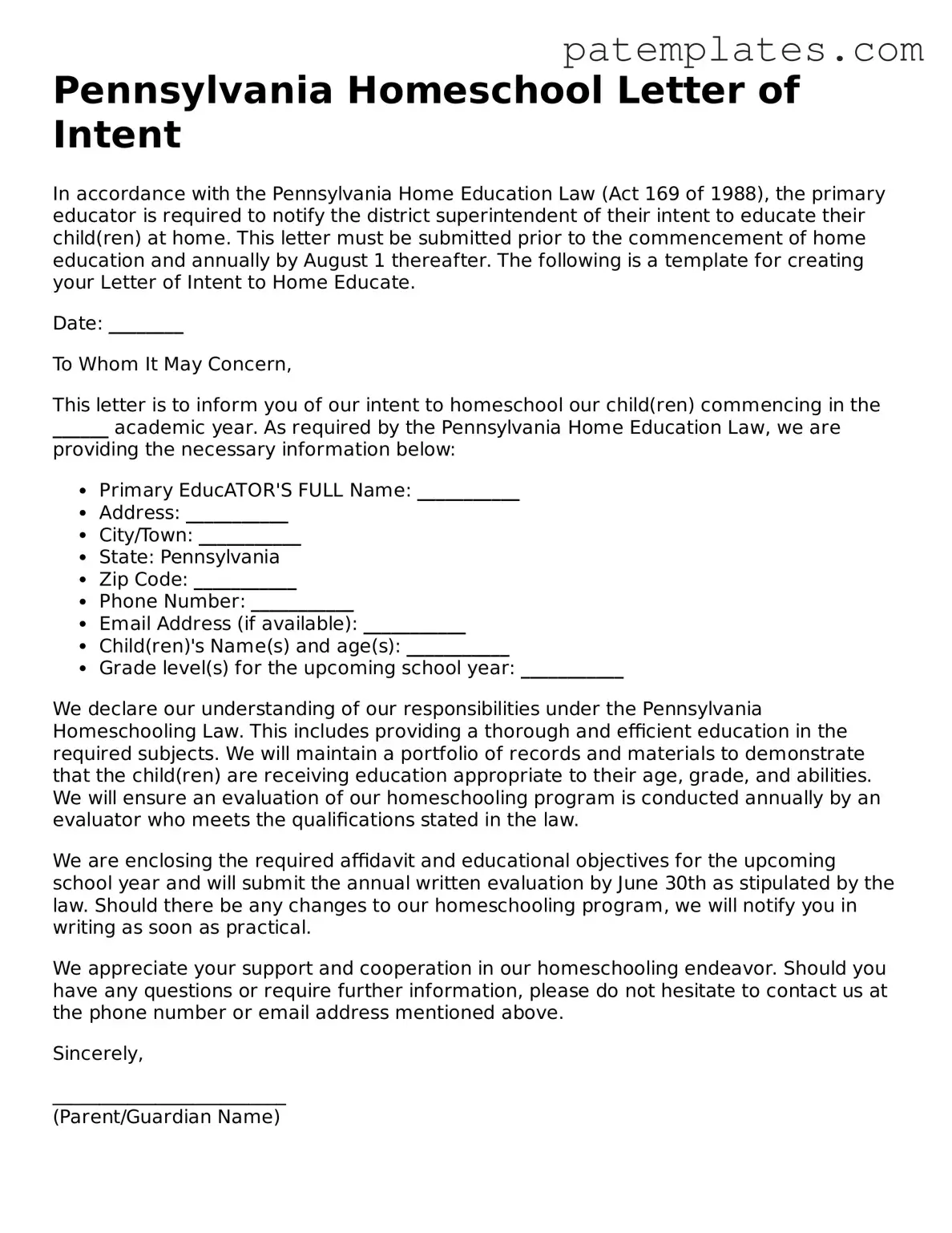 Attorney-Verified  Homeschool Letter of Intent Template for Pennsylvania
