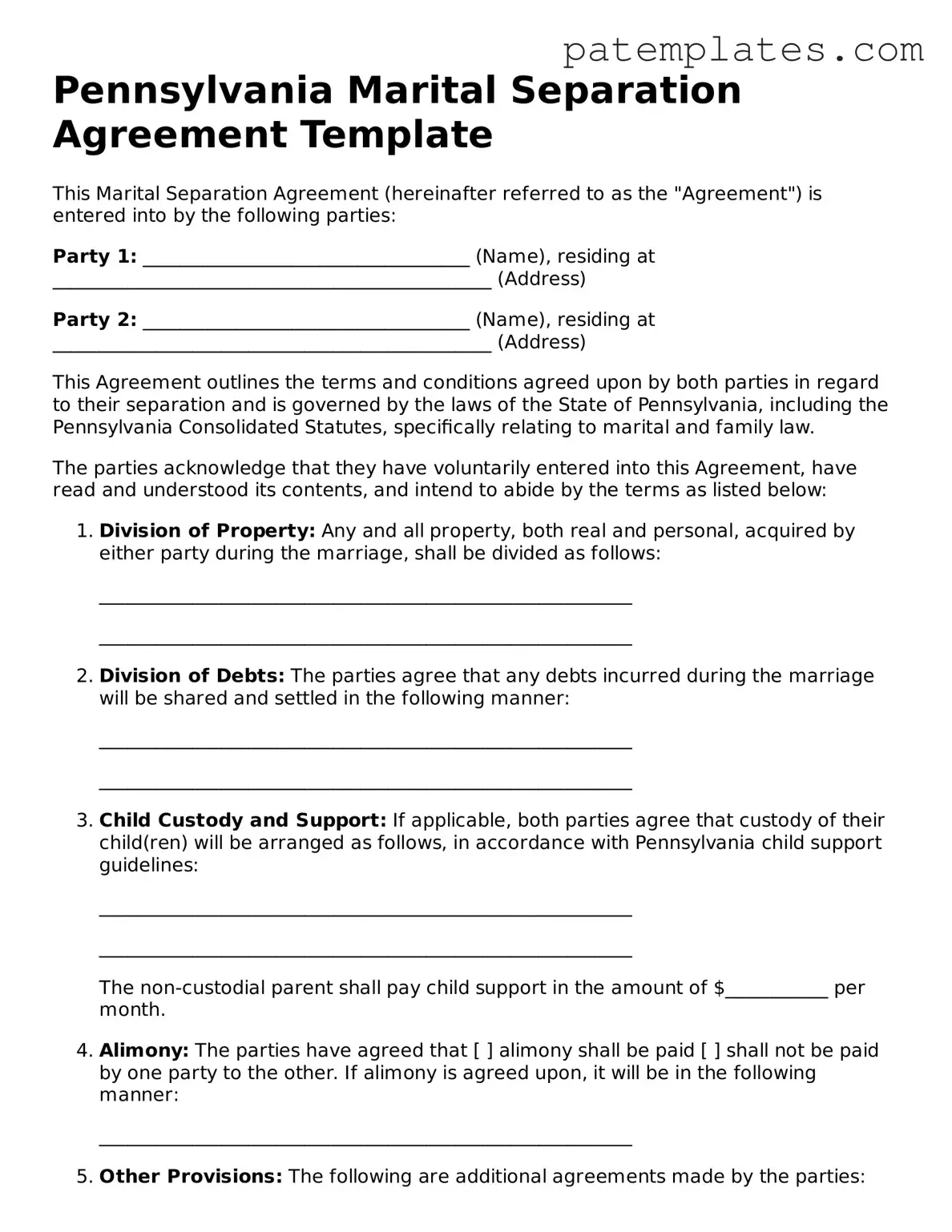Attorney-Verified  Marital Separation Agreement Template for Pennsylvania