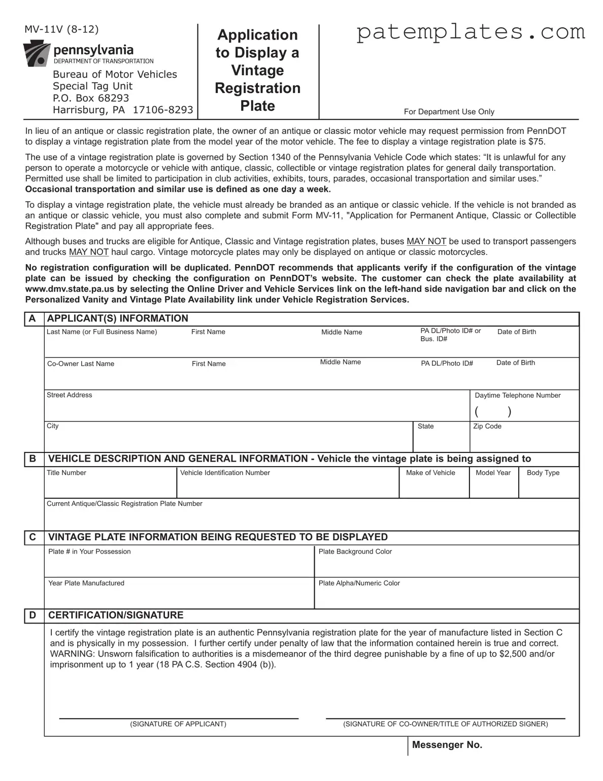 Fill in Your Pennsylvania Mv 11V Form