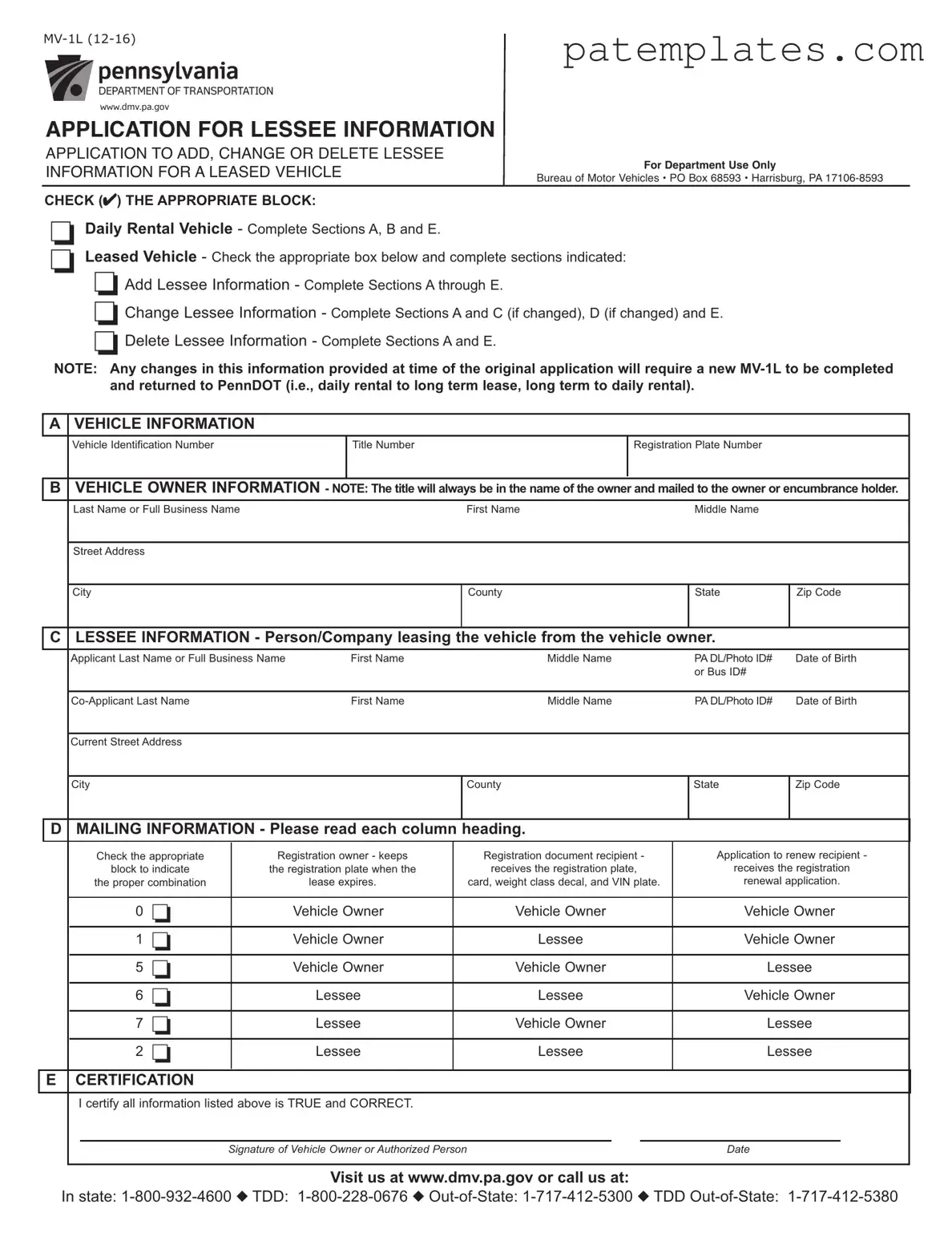 Fill in Your Pennsylvania Mv 1L Form