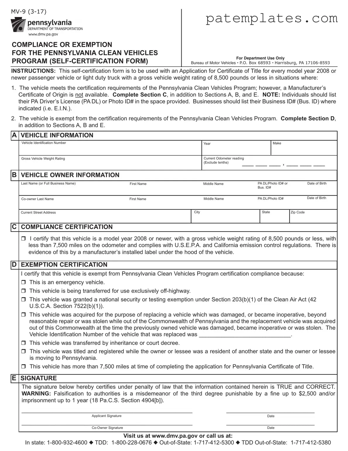 Fill in Your Pennsylvania Mv 9 Form