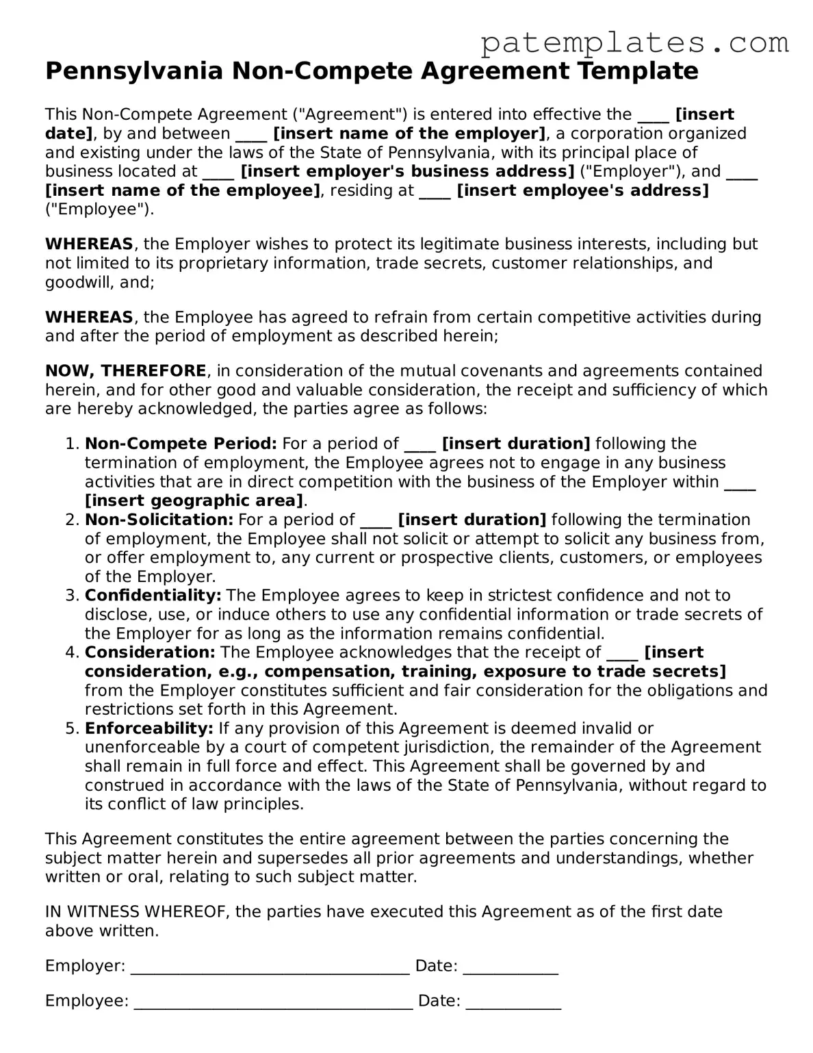 Attorney-Verified  Non-compete Agreement Template for Pennsylvania