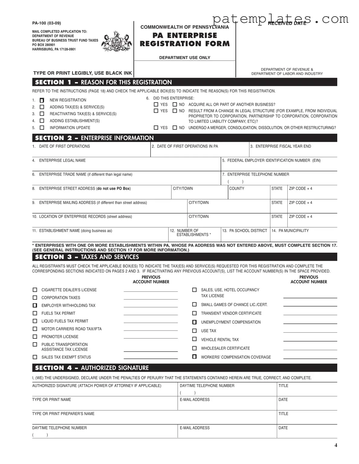 Fill in Your Pennsylvania Pa 100 Form