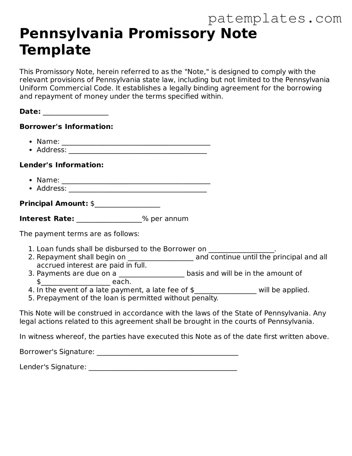 Attorney-Verified  Promissory Note Template for Pennsylvania
