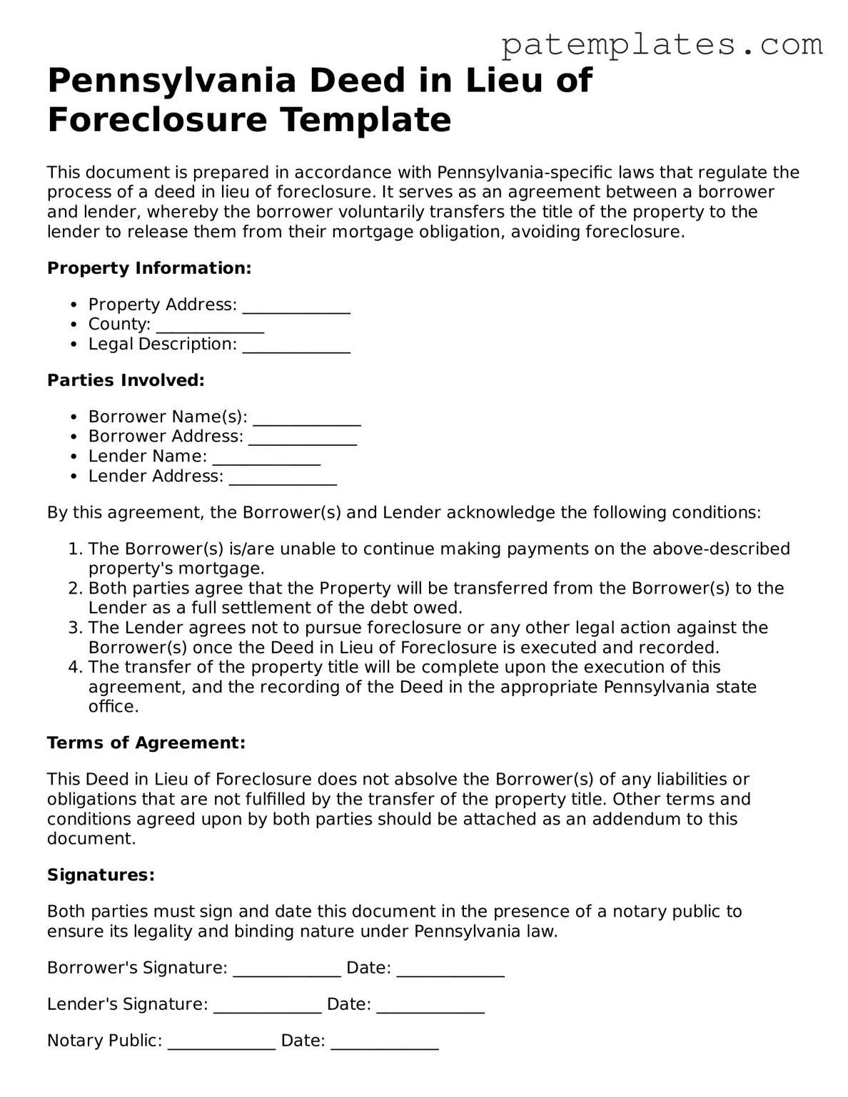 Attorney-Verified  Deed in Lieu of Foreclosure Template for Pennsylvania