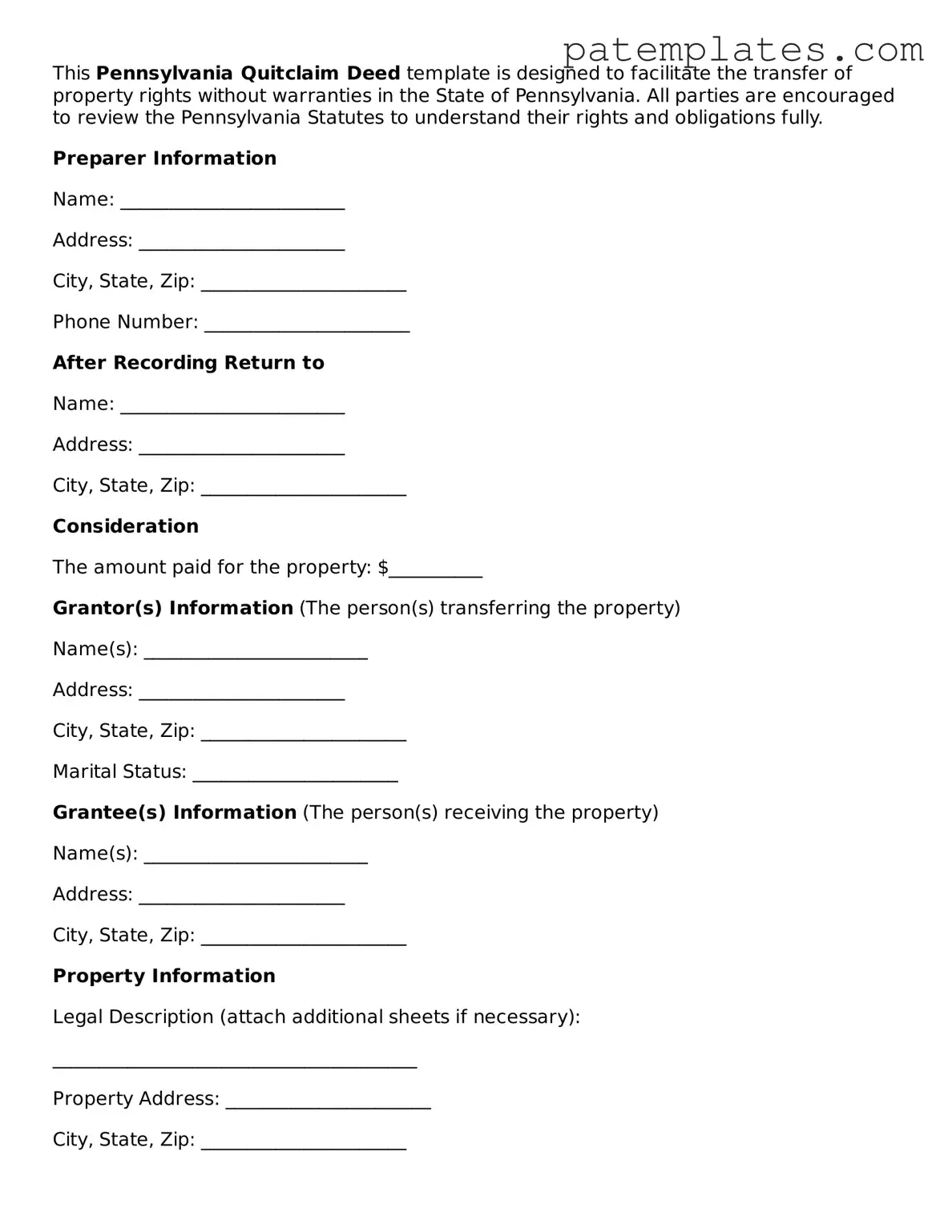 Attorney-Verified  Quitclaim Deed Template for Pennsylvania