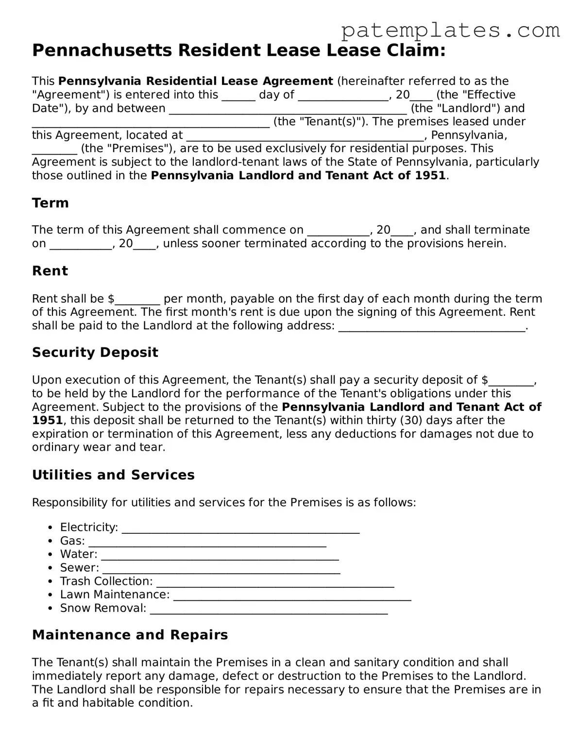 Attorney-Verified  Lease Agreement Template for Pennsylvania