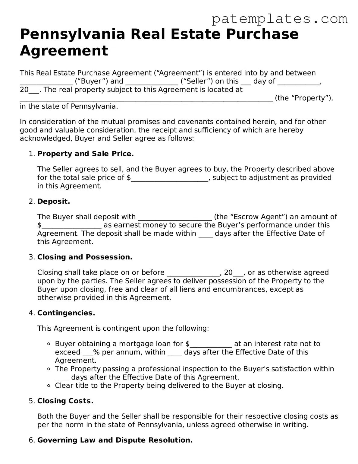 Attorney-Verified  Real Estate Purchase Agreement Template for Pennsylvania