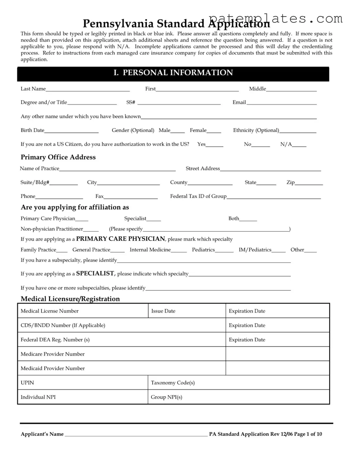 Fill in Your Pennsylvania Standard Application Form