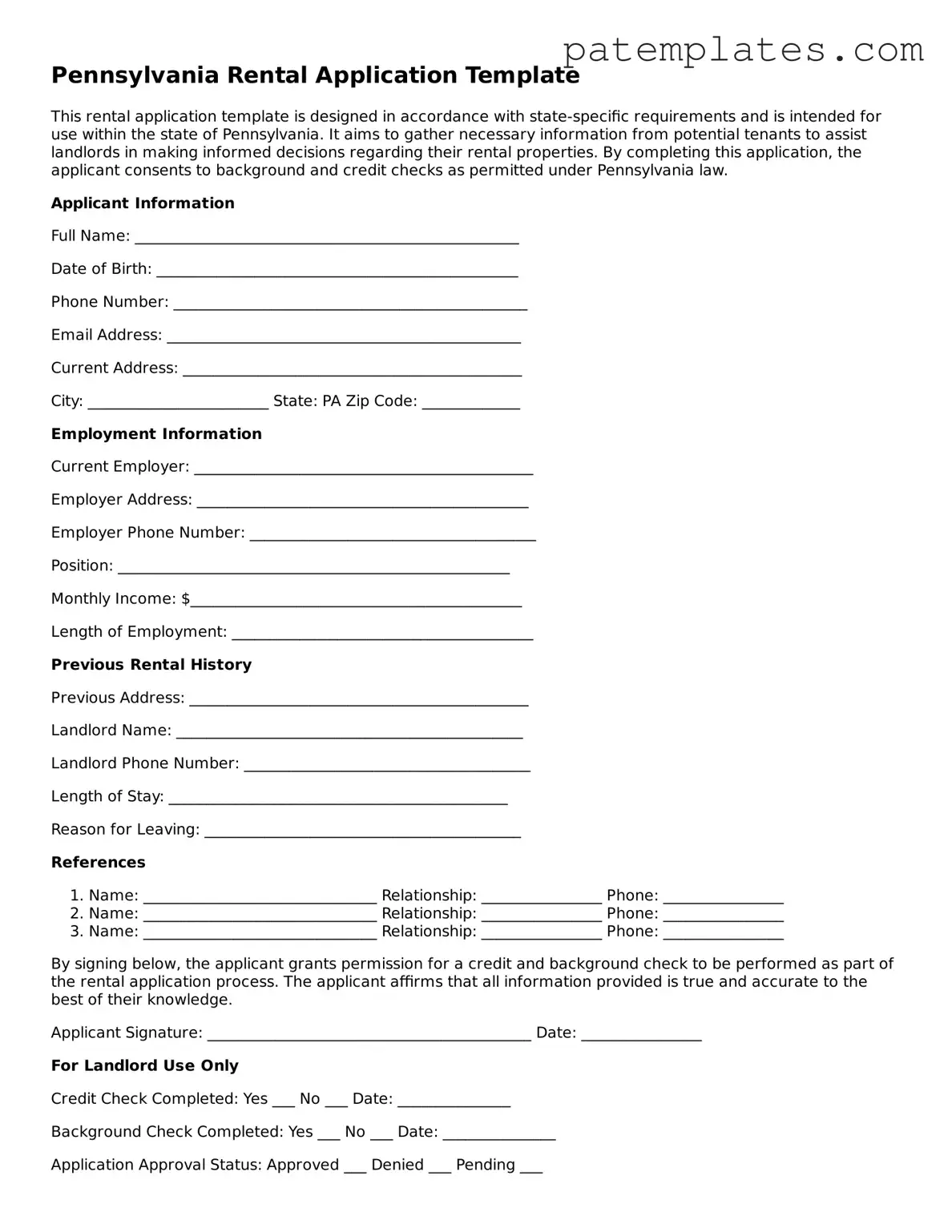Attorney-Verified  Rental Application Template for Pennsylvania