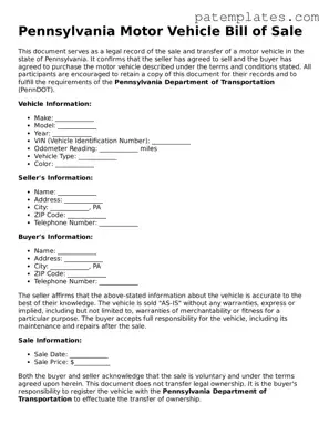 Attorney-Verified  Motor Vehicle Bill of Sale Template for Pennsylvania