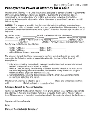 Attorney-Verified  Power of Attorney for a Child Template for Pennsylvania